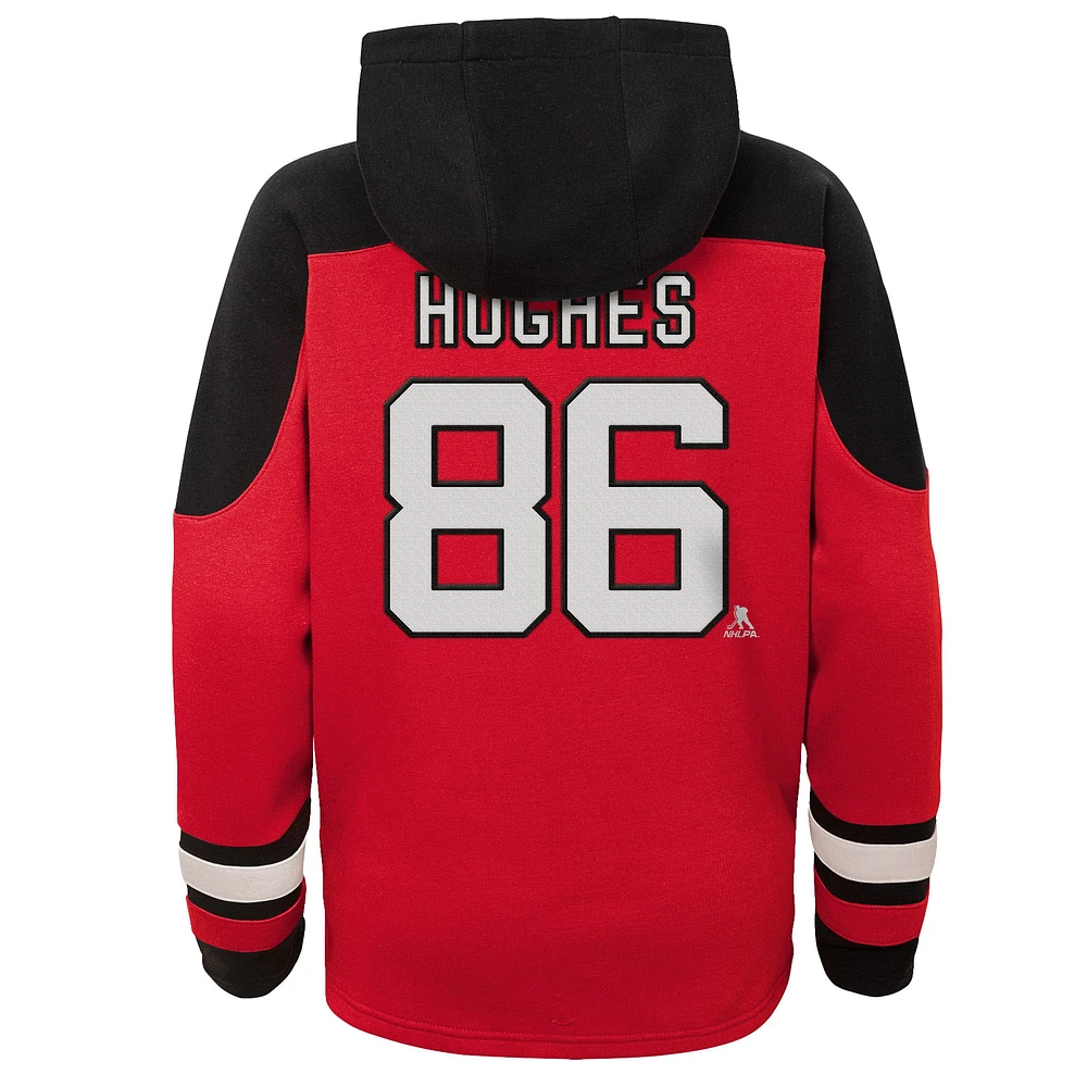 Youth Jack Hughes Red New Jersey Devils Ageless Must-Have V-Neck Name & Number Pullover Hoodie