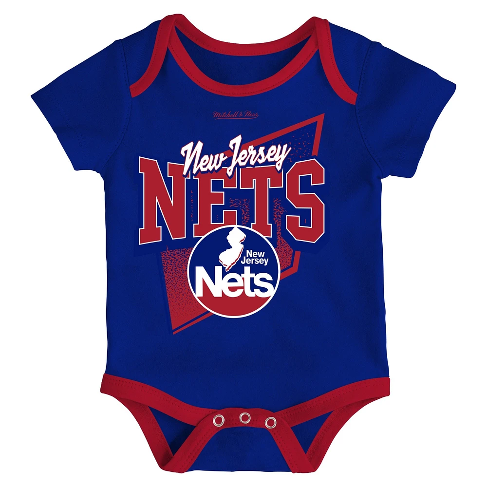Newborn & Infant Mitchell Ness Blue/Red New Jersey Nets 3-Piece Hardwood Classics Bodysuits Cuffed Knit Hat Set