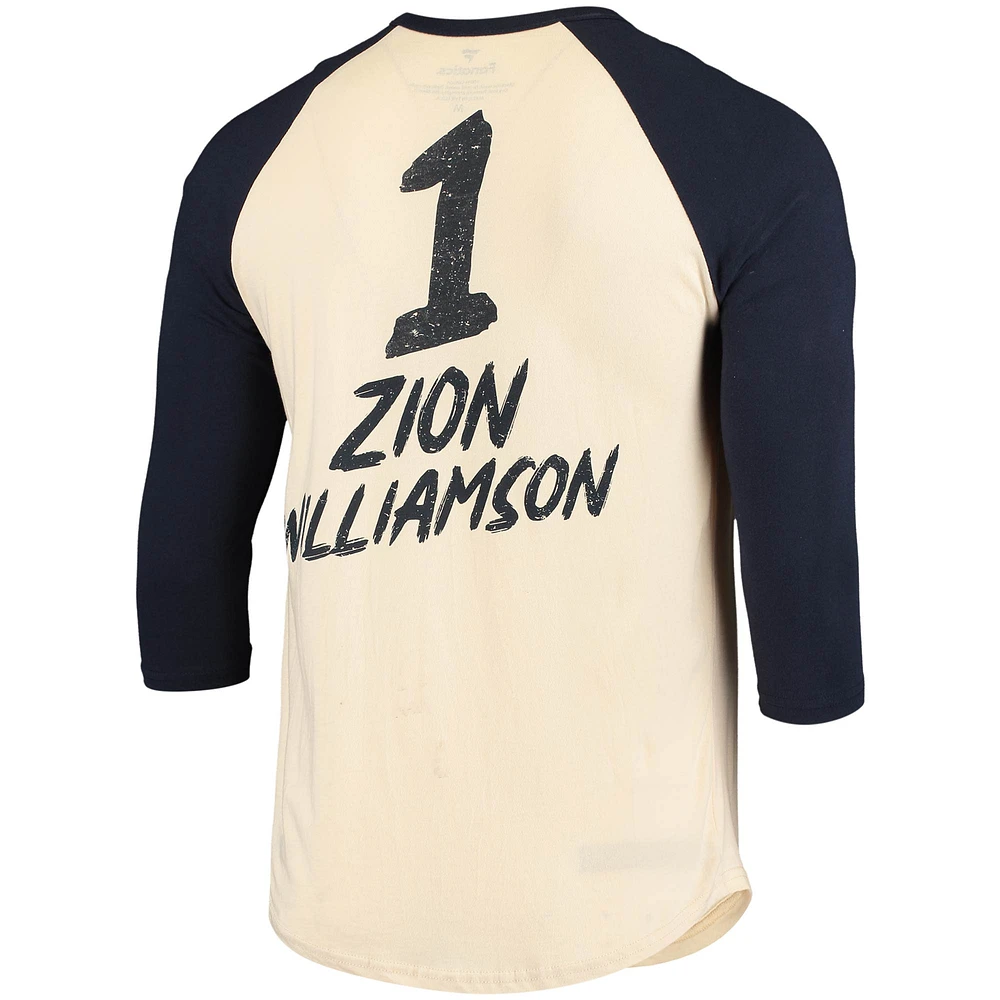 Men's Fanatics Zion Williamson Cream/Navy New Orleans Pelicans Raglan 3/4 Sleeve T-Shirt