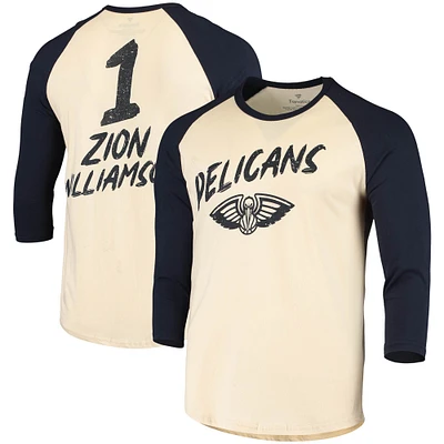 Men's Fanatics Zion Williamson Cream/Navy New Orleans Pelicans Raglan 3/4 Sleeve T-Shirt
