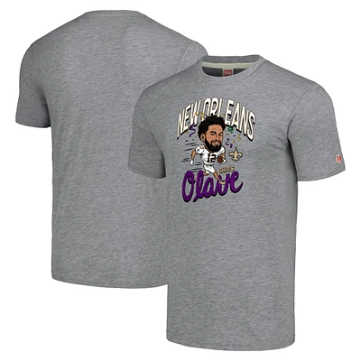 T-shirt à trois mélanges pour hommes, hommage Chris Olave, gris chiné, joueur de caricature des Saints la Nouvelle-Orléans