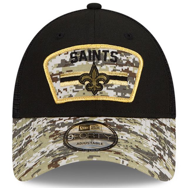 New Era New Orleans Saints 2021 Salute To Service pour homme - Noir/camouflage - Casquette réglable Snapback Trucker 9FORTY