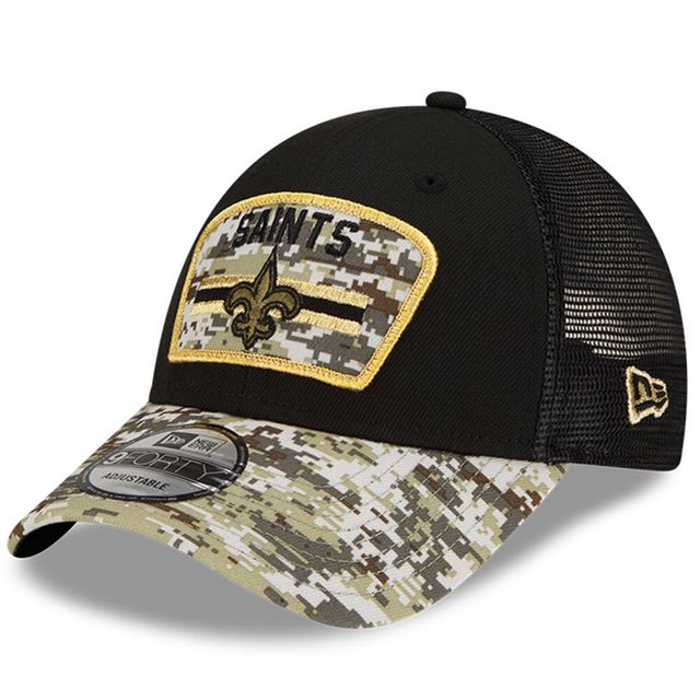 New Era New Orleans Saints 2021 Salute To Service pour homme - Noir/camouflage - Casquette réglable Snapback Trucker 9FORTY