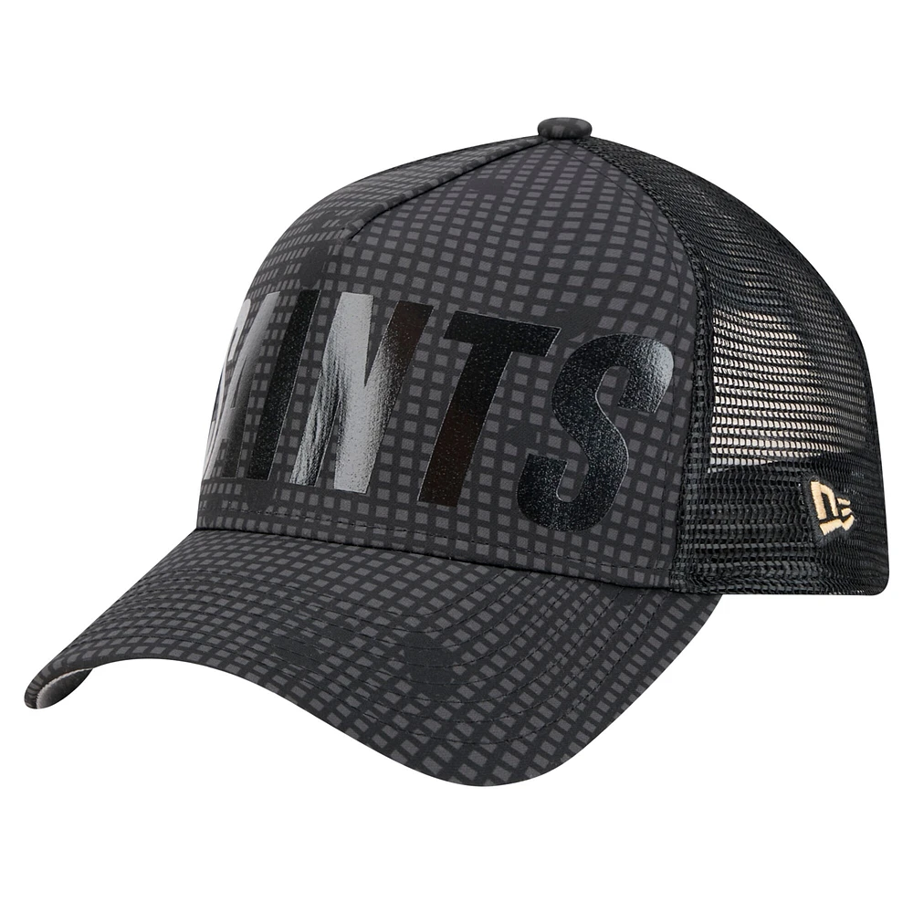 Men's New Era Black New Orleans Saints  Midnight Ink Tonal Text A-Frame Trucker 9FORTY Adjustable Hat