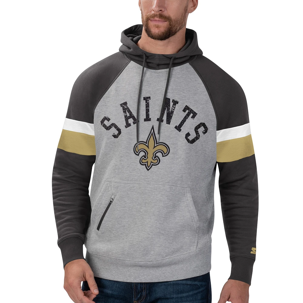 Men's Starter Heathered Gray/Black New Orleans Saints Home Run Raglan Pullover Hoodie