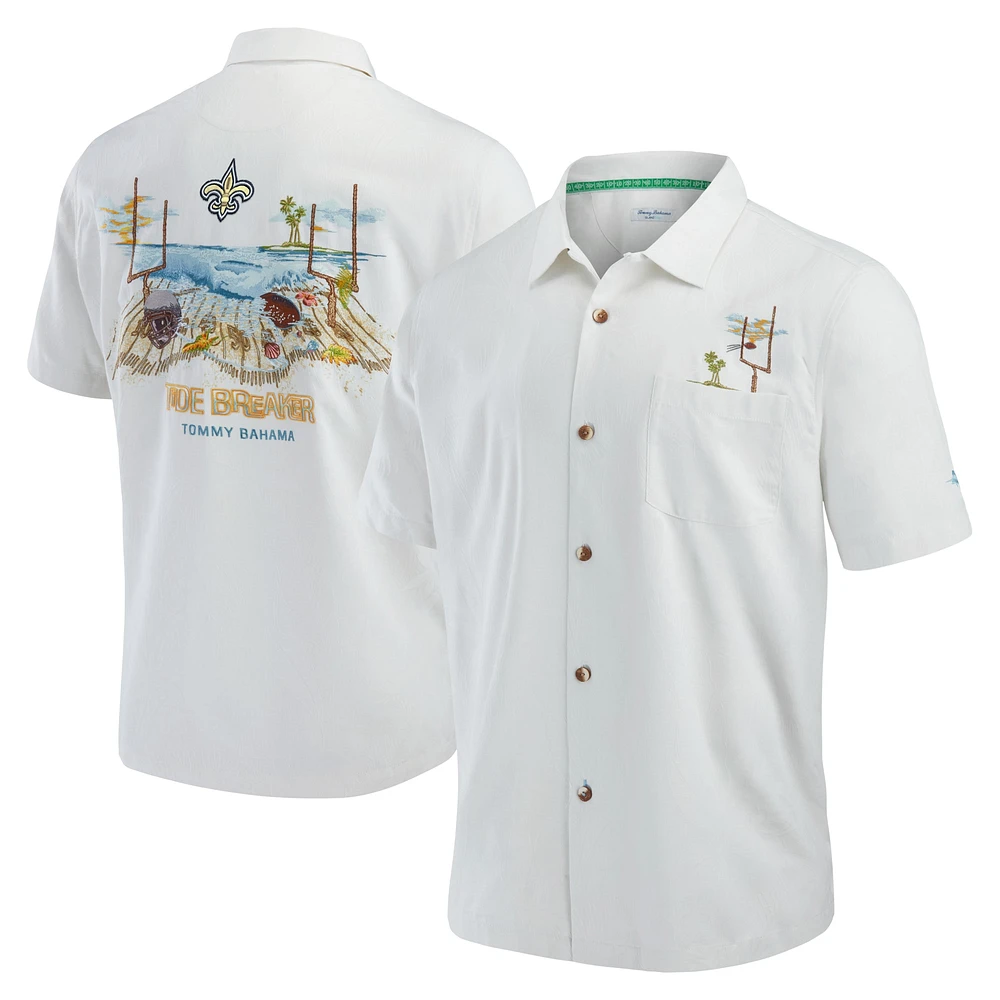 Men's Tommy Bahama  White New Orleans Saints Tide Breaker IslandZone Camp Button-Up Shirt