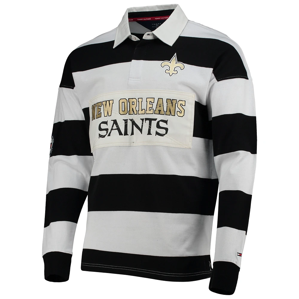 Men's Tommy Hilfiger Black/White New Orleans Saints Varsity Stripe Rugby Long Sleeve Polo