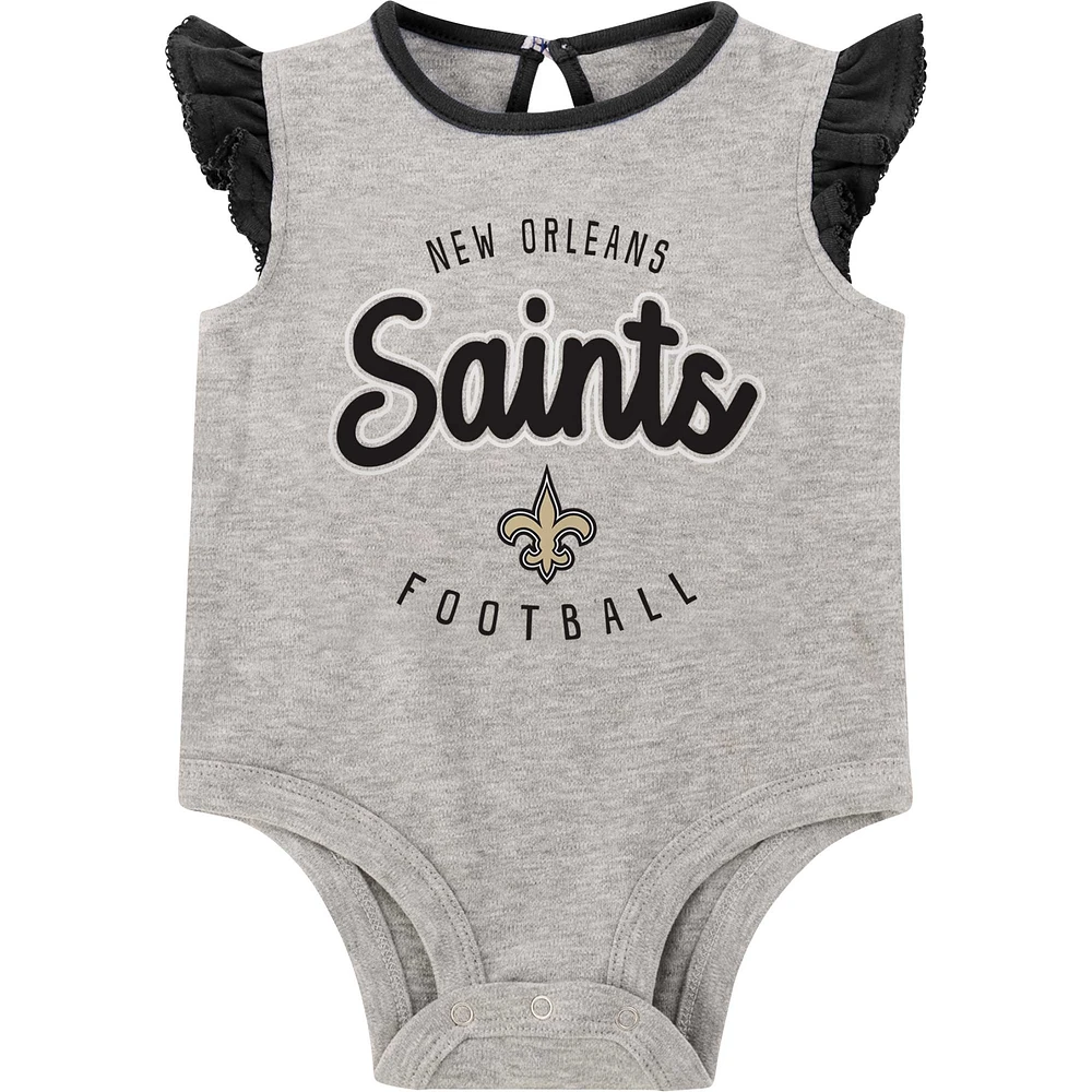Nouveau-né Heather Grey/Black New Orleans Saints All Dolled Up Ensemble trois pièces body, jupe et chaussons