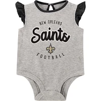 Nouveau-né Heather Grey/Black New Orleans Saints All Dolled Up Ensemble trois pièces body, jupe et chaussons