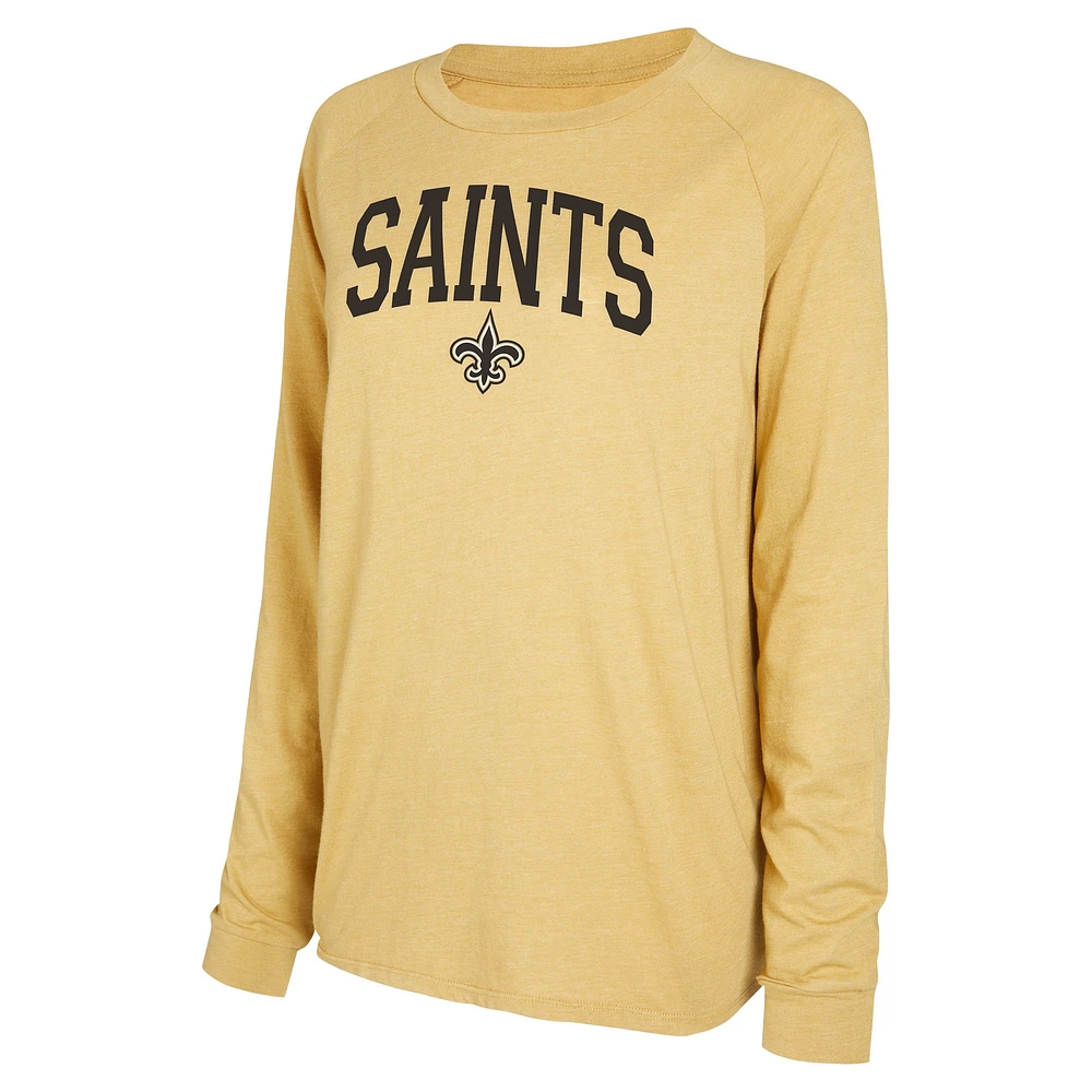 Ensemble de détente T-shirt et short à manches longues Raglan Concepts Sport noir/or pour femmes Saints la Nouvelle-Orléans