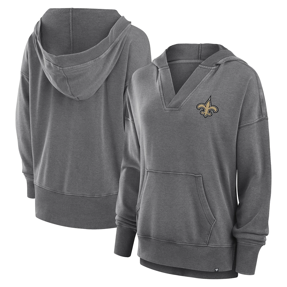 Women's Fanatics Heather Charcoal New Orleans Saints Initiative Snow Wash French Terry V-Neck Pullover Hoodie