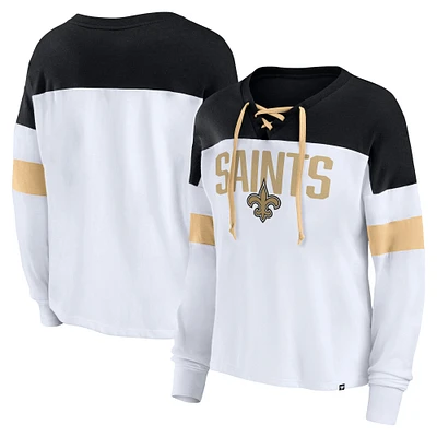 Women's Fanatics White/Black New Orleans Saints Even Match Lace-Up Long Sleeve V-Neck T-Shirt