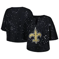 Women's Majestic Threads Black New Orleans Saints Bleach Splatter Notch Neck Crop T-Shirt