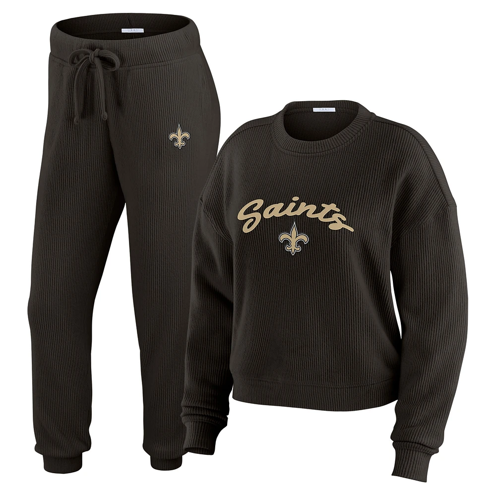 Women's WEAR by Erin Andrews Cream New Orleans Saints Plus Knitted Tri-Blend Long Sleeve T-Shirt & Pants Lounge Set