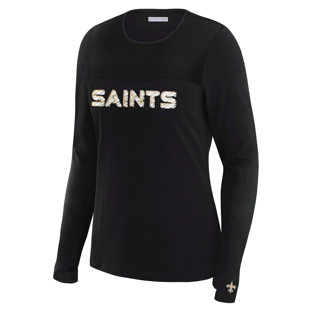 T-shirt à manches longues et empiècement en maille noire New Orleans Saints pour femme WEAR by Erin Andrews x Gracie Hunt