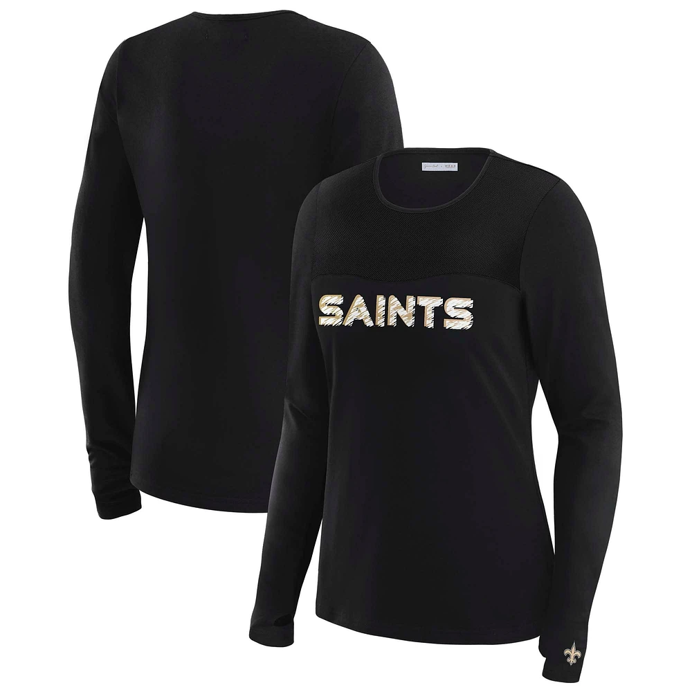 T-shirt à manches longues et empiècement en maille noire New Orleans Saints pour femme WEAR by Erin Andrews x Gracie Hunt