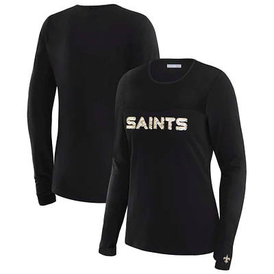 T-shirt à manches longues et empiècement en maille noire New Orleans Saints pour femme WEAR by Erin Andrews x Gracie Hunt