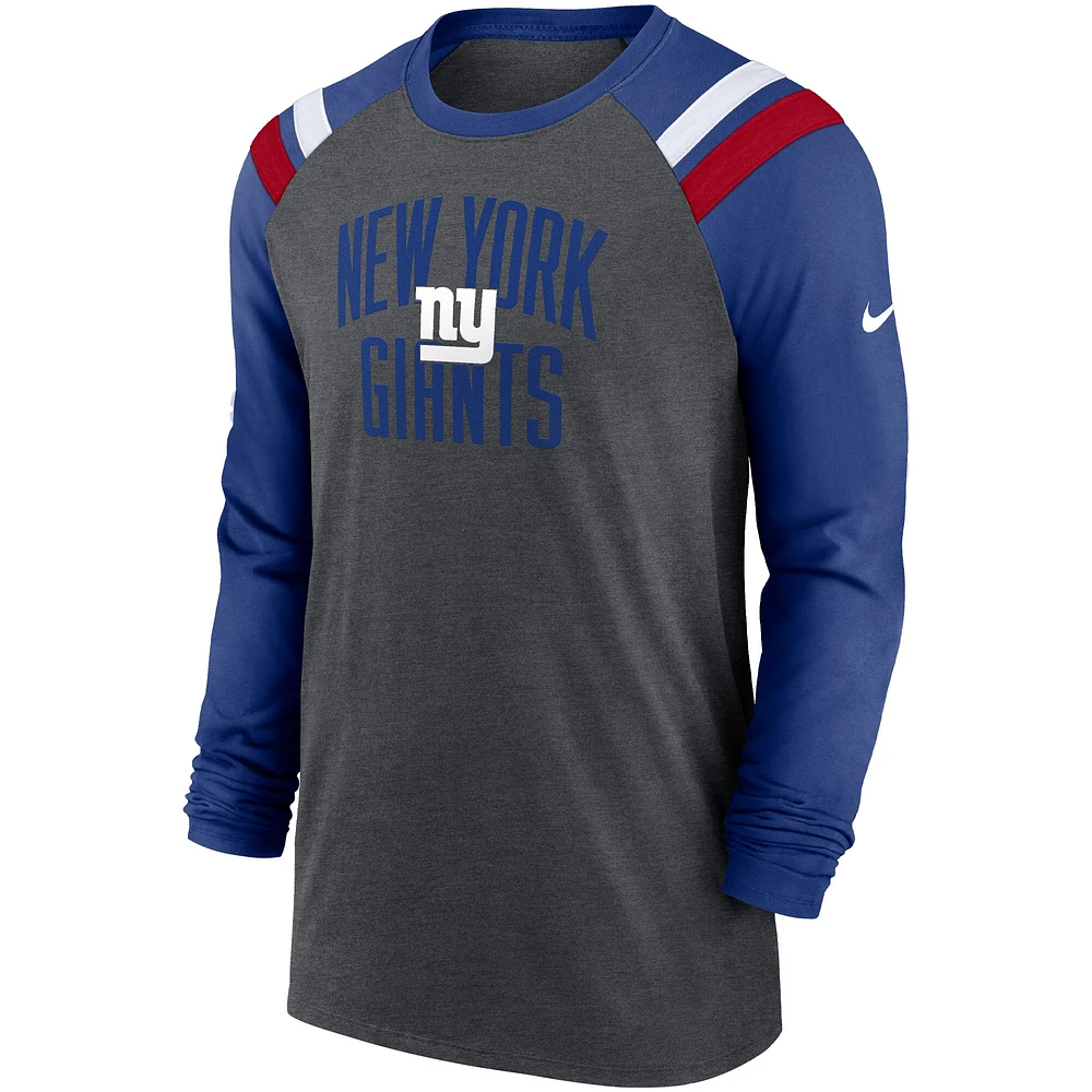 Men's Nike Heathered Charcoal/Royal New York Giants Tri-Blend Raglan Athletic Long Sleeve Fashion T-Shirt