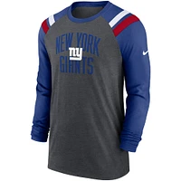 Men's Nike Heathered Charcoal/Royal New York Giants Tri-Blend Raglan Athletic Long Sleeve Fashion T-Shirt