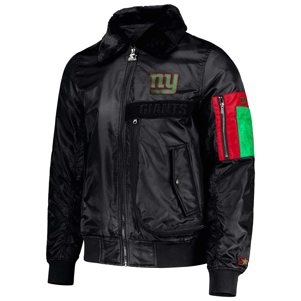 Veste Starter x Ty Mopkins noire pour homme du Mois de l'histoire des Noirs Giants New York en satin entièrement zippée