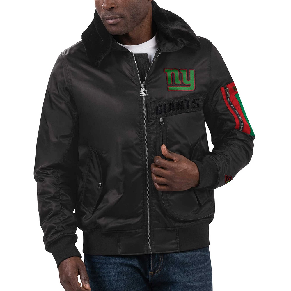 Veste Starter x Ty Mopkins noire pour homme du Mois de l'histoire des Noirs Giants New York en satin entièrement zippée