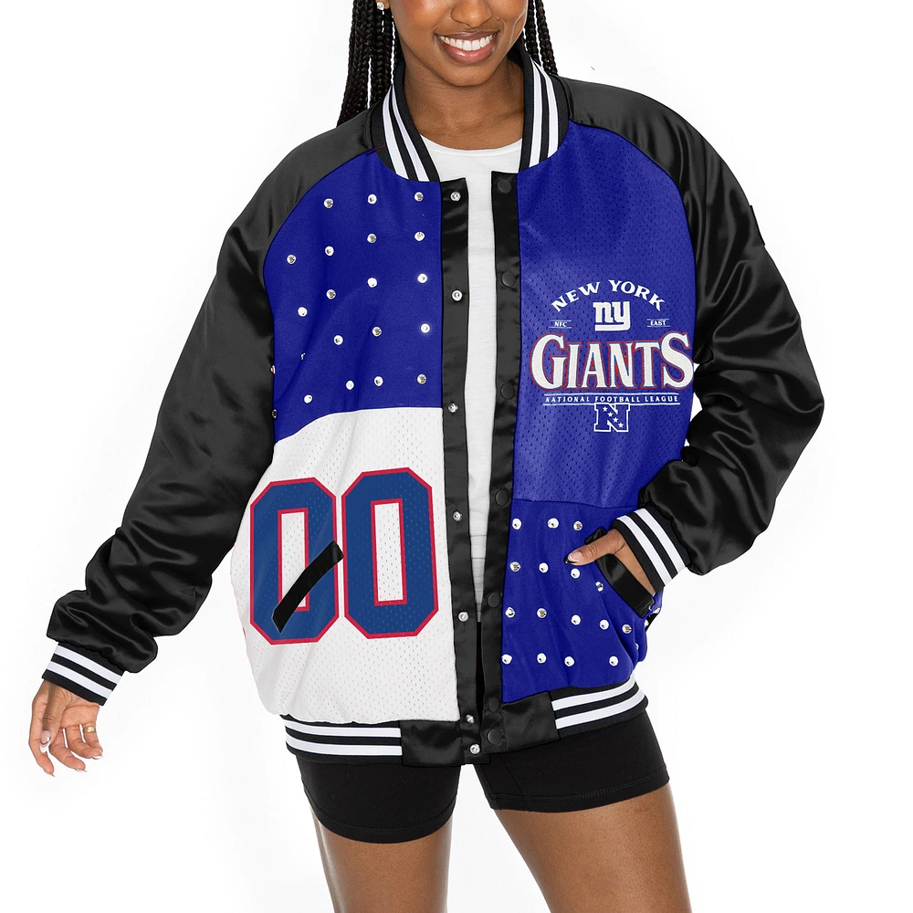 Women's Gameday Couture Black/Royal New York Giants Oversized Hot Shot Rhinestone Throwback Full-Snap Varsity Bomber Jacket