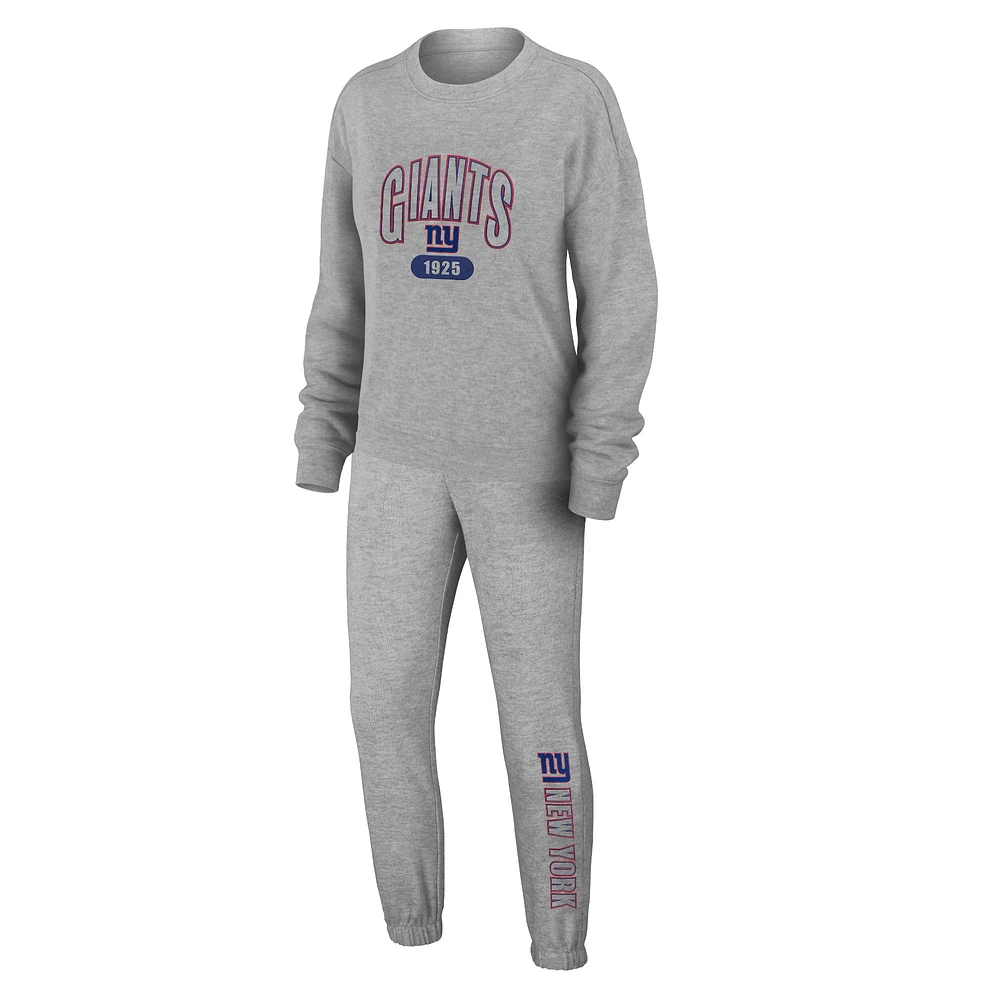 Women's WEAR by Erin Andrews Heather Gray New York Giants Plus Knitted Tri-Blend Long Sleeve T-Shirt & Pants Lounge Set