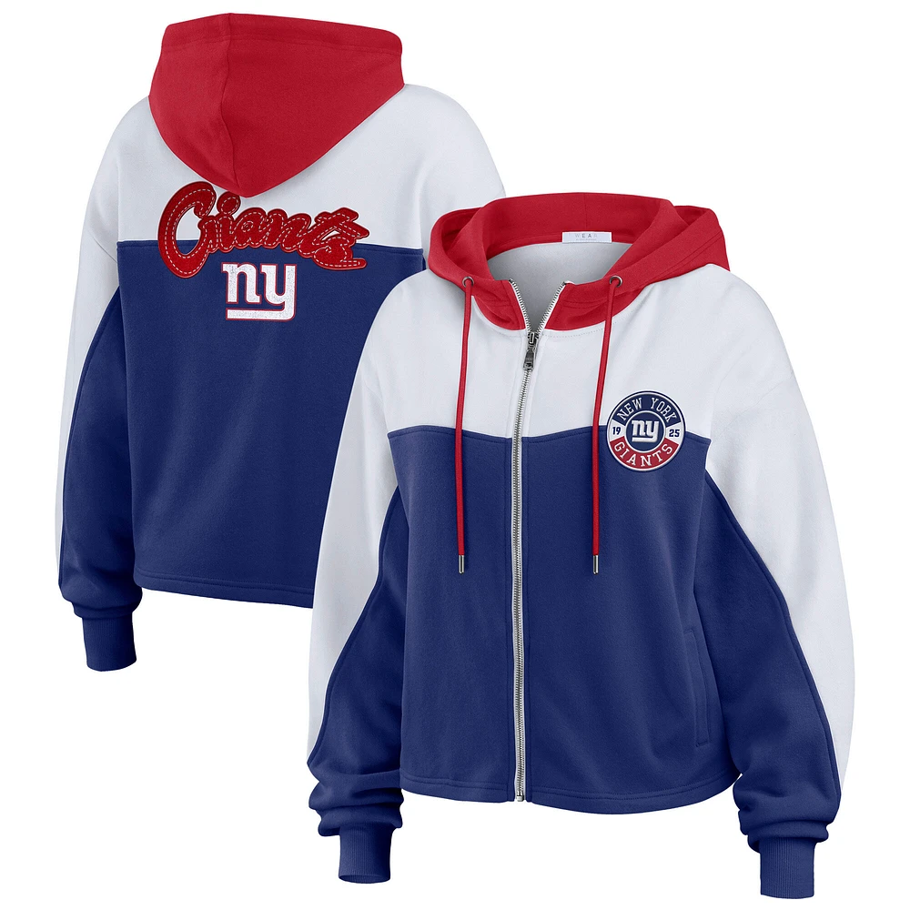 Sweat à capuche zippé blocs de couleurs bleu royal/blanc des New York Giants pour femme WEAR by Erin Andrews