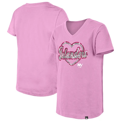 T-shirt à col en V sequins roses New York Islanders de Era pour fille