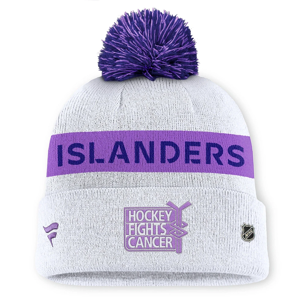 Men's Fanatics White New York Islanders Hockey Fights Cancer Cuffed Knit Hat with Pom