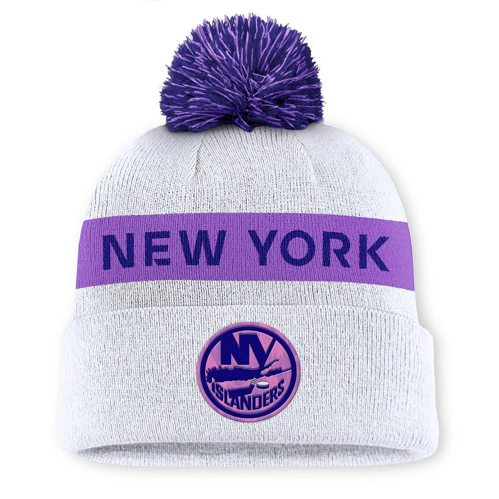 Men's Fanatics White New York Islanders Hockey Fights Cancer Cuffed Knit Hat with Pom