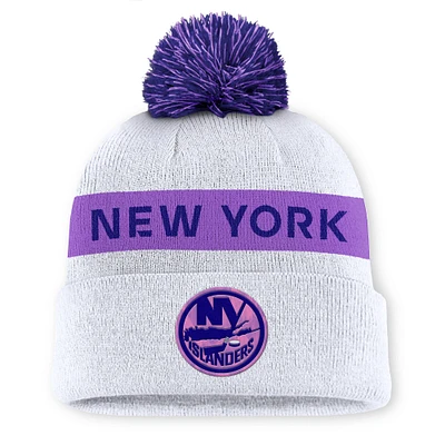Men's Fanatics White New York Islanders Hockey Fights Cancer Cuffed Knit Hat with Pom