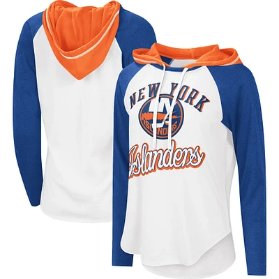 T-shirt léger à capuche G-III Sports by Carl Banks pour femmes, blanc/Heather Royal, MVP Raglan des Islanders de New York