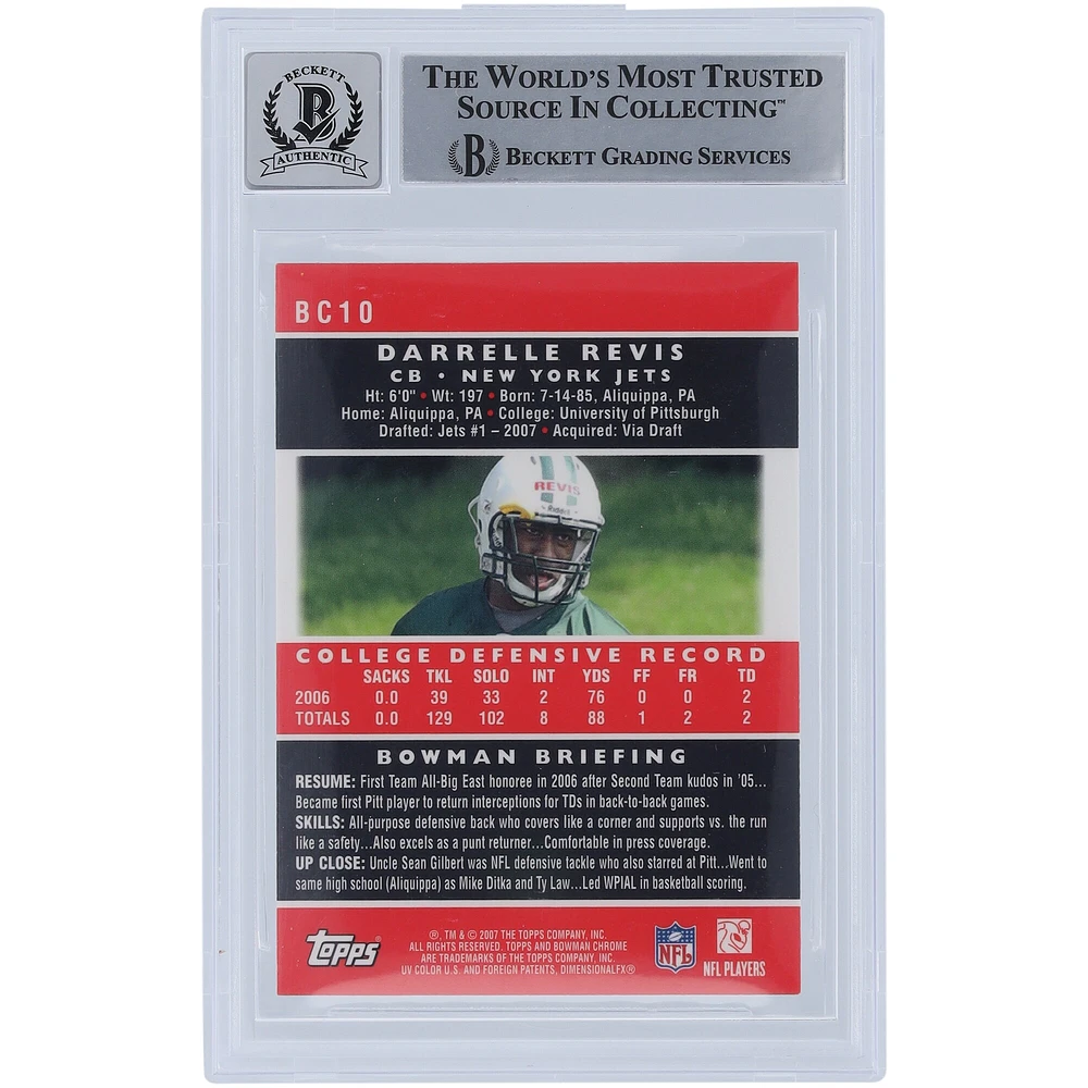 Darrelle Revis New York Jets Autographed 2007 Bowman Chrome #BC10 Beckett Fanatics Witnessed Authenticated 10 Rookie Card with "HOF 23" Inscription