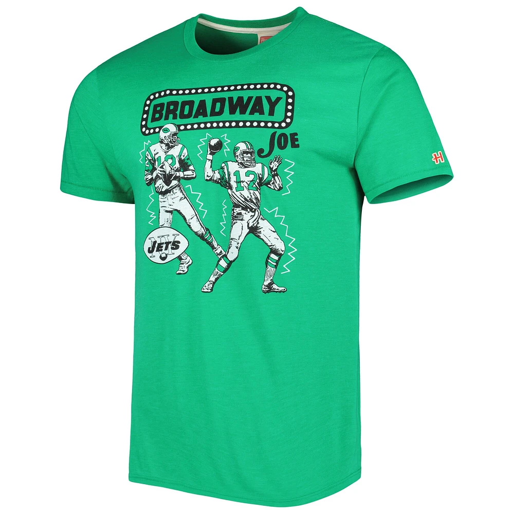 Hommage pour hommes Joe Namath Heathered Heather Green New York Jets Caricature Joueur retraité T-shirt triple mélange