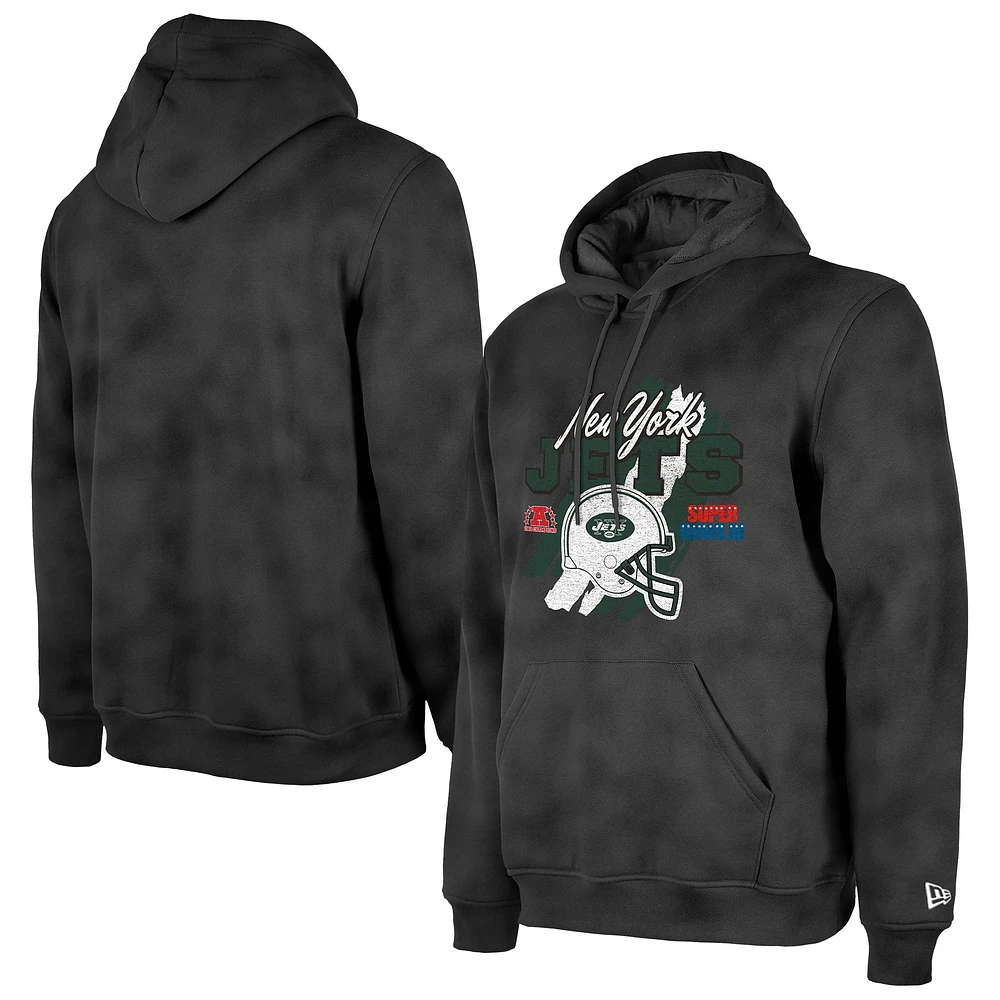 Sweat à capuche délavé aux enzymes pour homme New Era, noir, avec logo Identity Helmet des York Jets