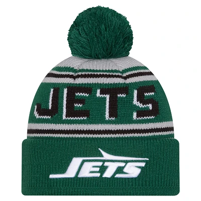Bonnet tricoté à revers avec pompon et inscription New York Jets vert New Era pour homme