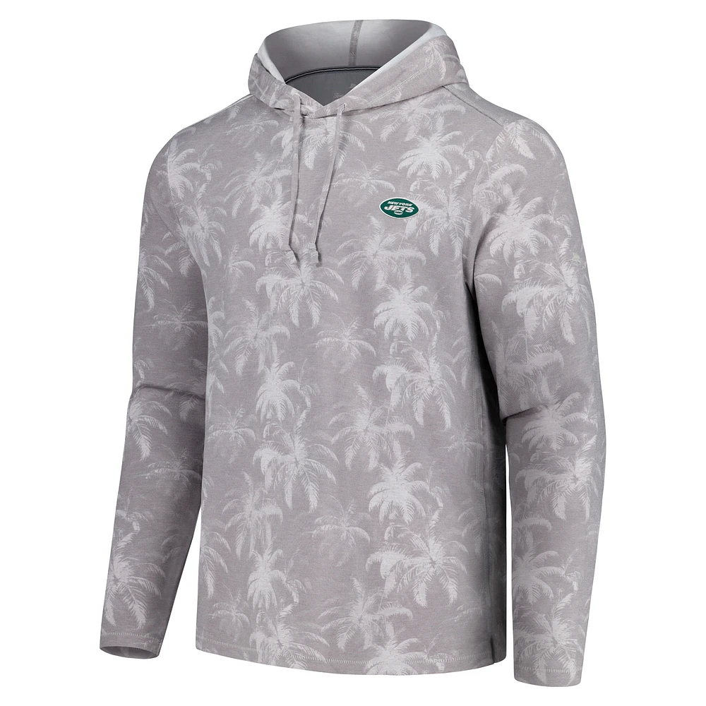 Men's Tommy Bahama Gray New York Jets Palm Frenzy Hoodie Long Sleeve T-Shirt
