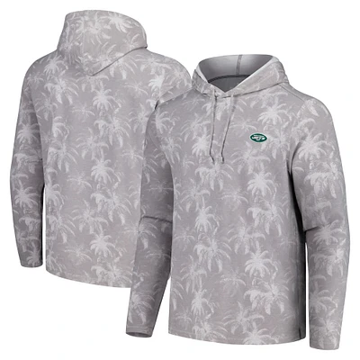 Men's Tommy Bahama Gray New York Jets Palm Frenzy Hoodie Long Sleeve T-Shirt