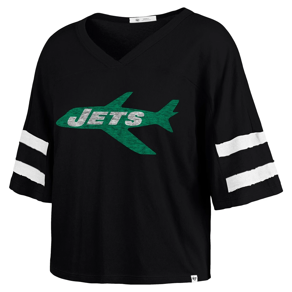 Women's '47 Black New York Jets  Double Header Scout Cropped V-Neck T-Shirt