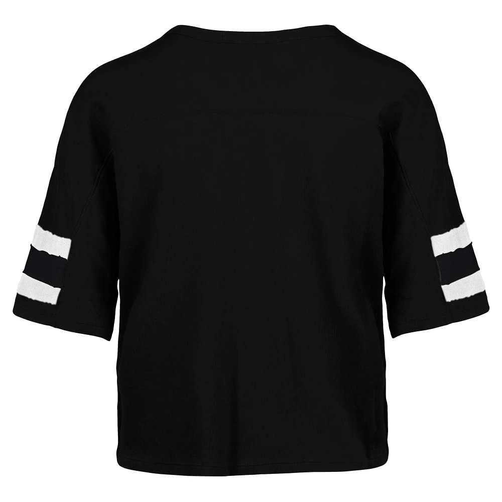 Women's '47 Black New York Jets  Double Header Scout Cropped V-Neck T-Shirt