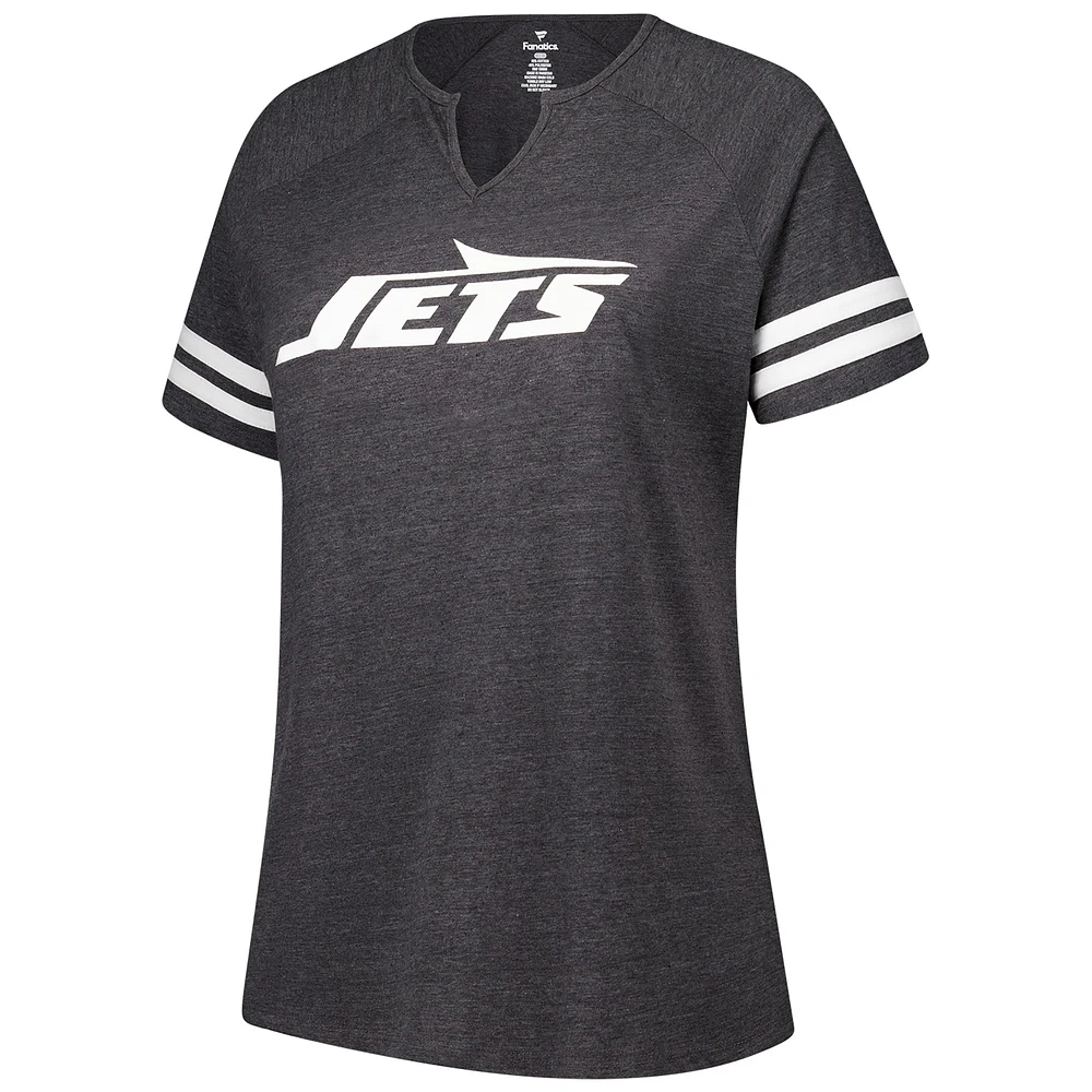 Women's Fanatics Charcoal New York Jets Plus Logo Striped Raglan Notch Neck T-Shirt