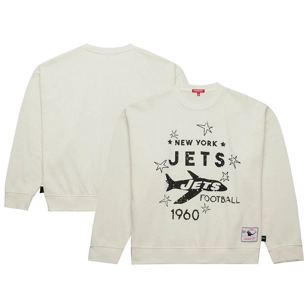 Women's Mitchell & Ness Cream New York Jets Throwback Logo 3.0 Pullover Sweatshirt