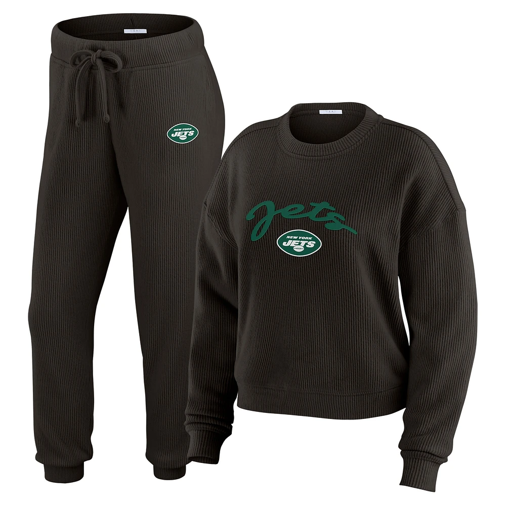 Ensemble de détente pour femme WEAR by Erin Andrews composé d'un t-shirt à manches longues et pantalon en tricot tri-blend crème New York Jets
