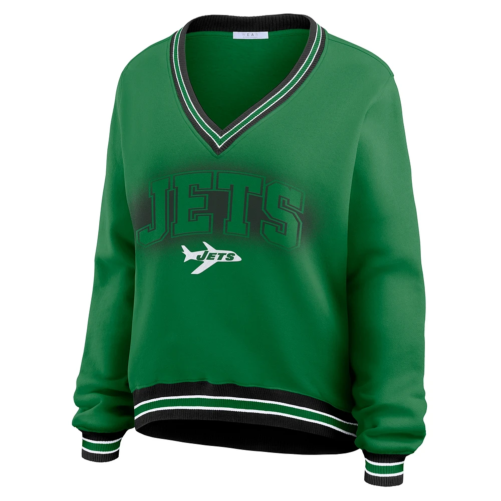Women's WEAR by Erin Andrews Green New York Jets Oversized Long Sleeve V-Neck Sweatshirt