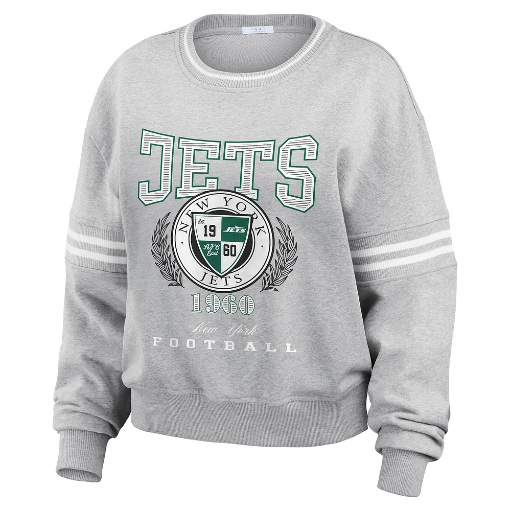 Women's WEAR by Erin Andrews Heather Gray New York Jets Crest Cropped Pullover Sweatshirt