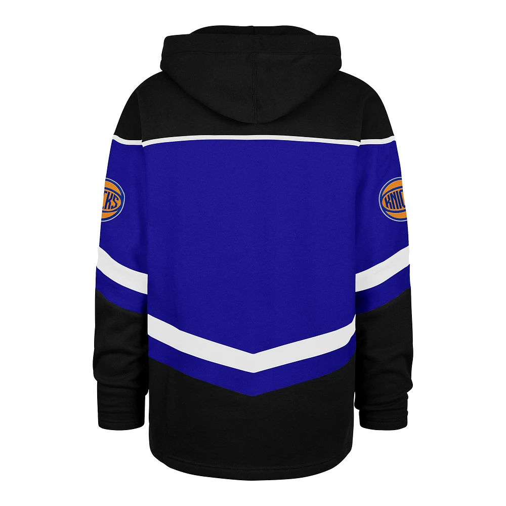 Men's '47 Blue New York Knicks Oversized Tri-Satin Layup Lacer Pullover Hoodie