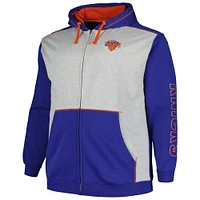 Men's Fanatics Blue/Heather Gray New York Knicks Big & Tall Contrast Pieced Stitched Full-Zip Hoodie