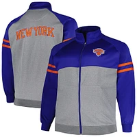 Men's Fanatics Blue/Heather Gray New York Knicks Big & Tall Pieced Stripe Raglan Full-Zip Track Jacket