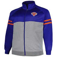 Men's Fanatics Blue/Heather Gray New York Knicks Big & Tall Pieced Stripe Raglan Full-Zip Track Jacket